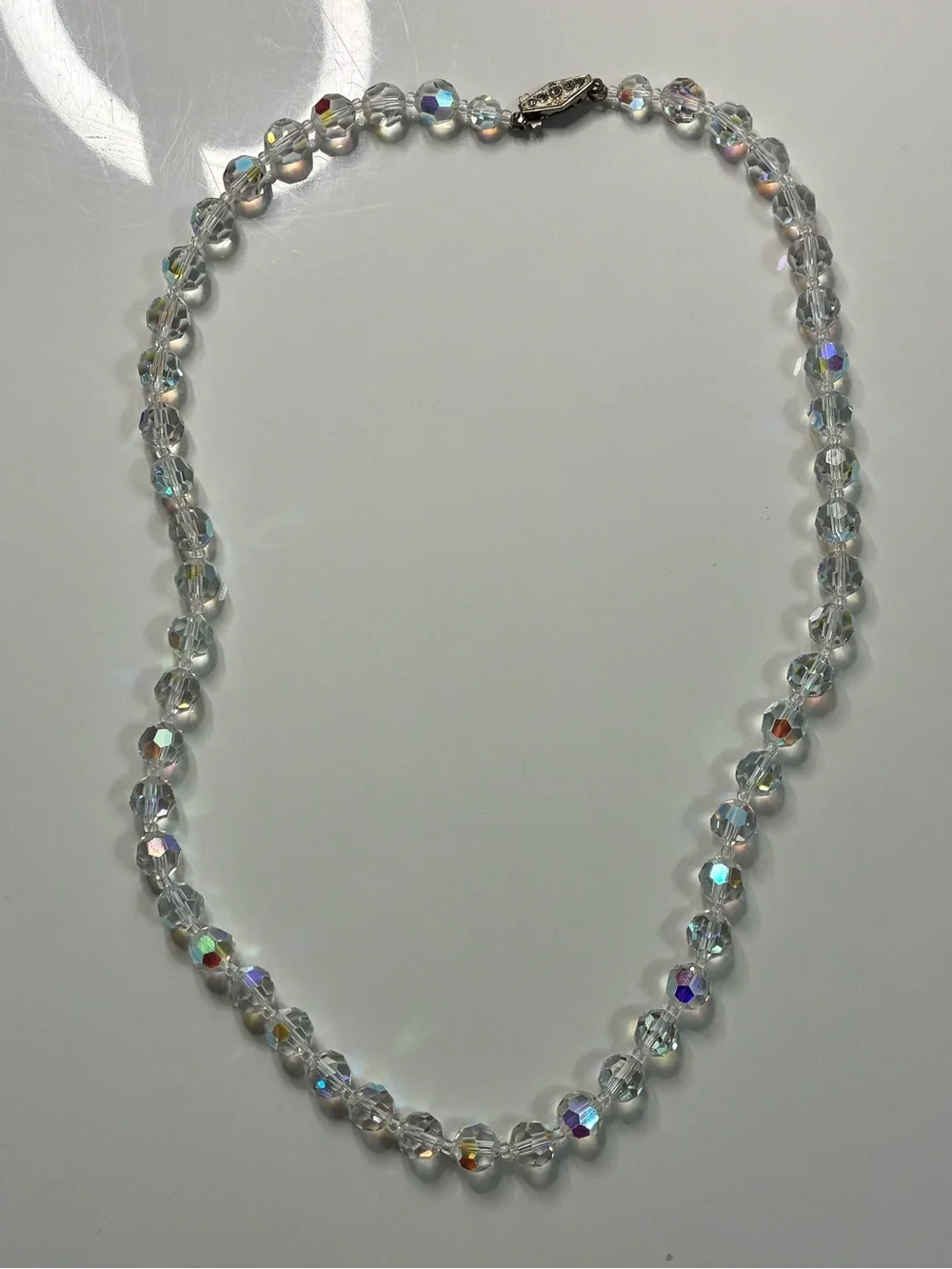 Aurora Faceted Crystal Beaded Necklace Clear Iridescent Classic Timeless Retro